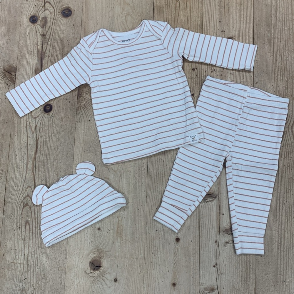Carter’s Brand 3 Pce Baby Set Size 6 Mo Off-White Brown Stripes Boy Girl Infant